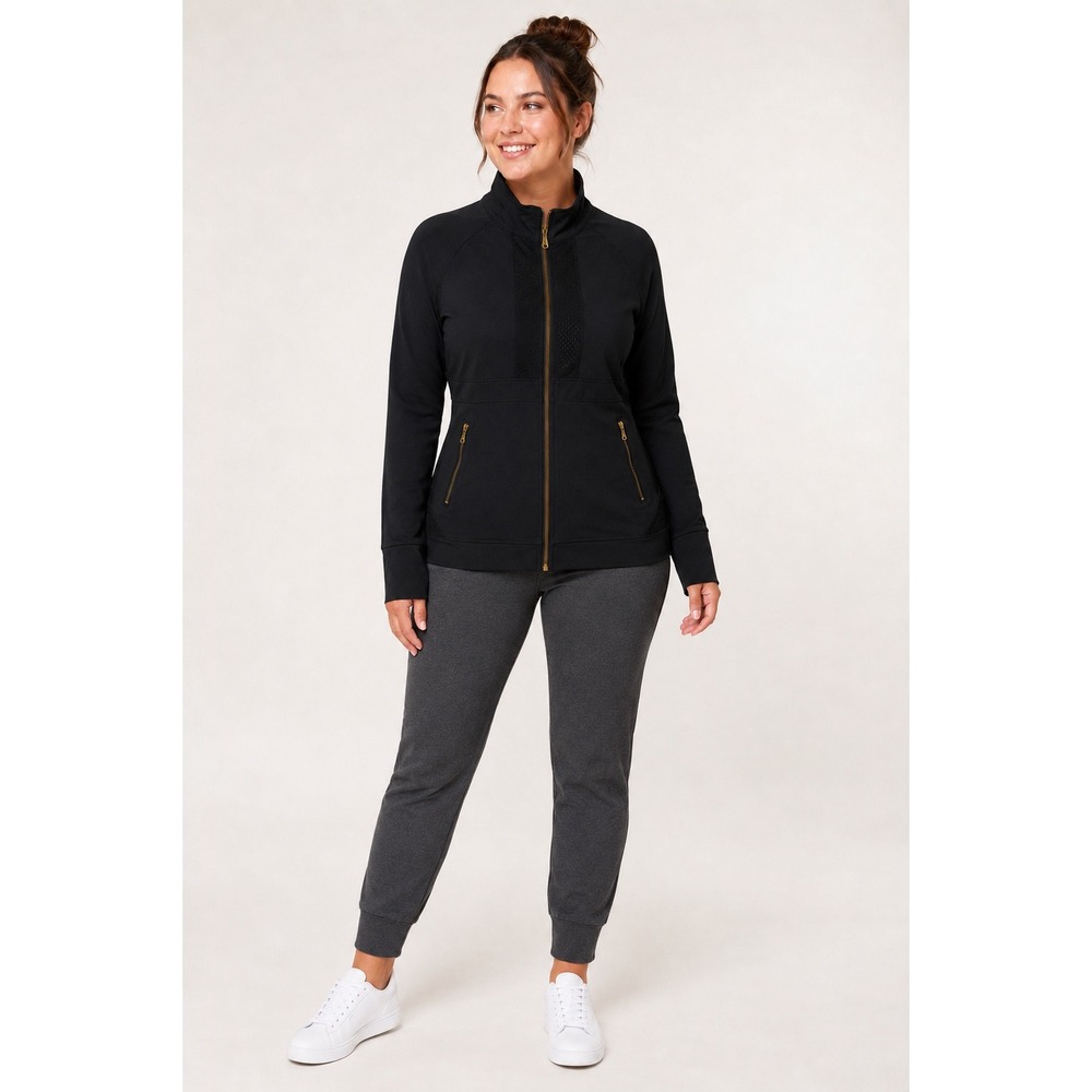 ZYIA Active Women's XL Black Full Zip Athletic Jacket Gold Zippers Mesh